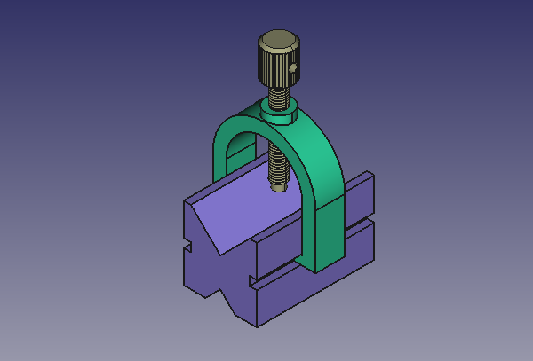 Image of a 3D model of a v-block, clamp and screw.