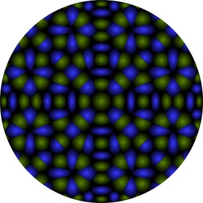 Voronoi diagram with symmetric array of point seeds and the cell colors manipulated with SVG blur filters and gradient as if the cells are spherical.